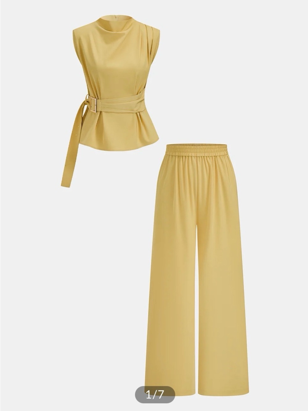 Commense Mustard Sleeveless Belted Top with Wide-Leg Pants
